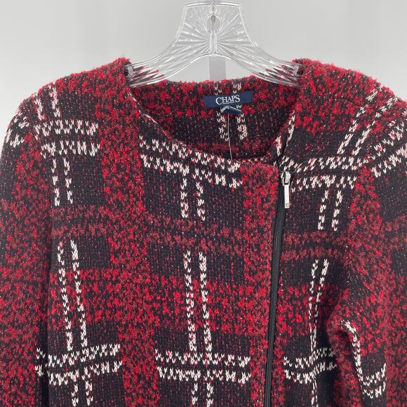 Chaps Red Blue Plaid Knit Asymmetrical Zip Moto Sweater Jacket M NWT - Picture 4 of 14